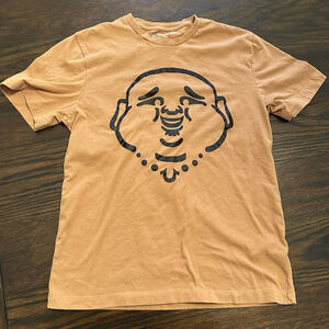 True Religion Shirt Medium Tan Buddha Logo Pullover Short Sleeve Mens.